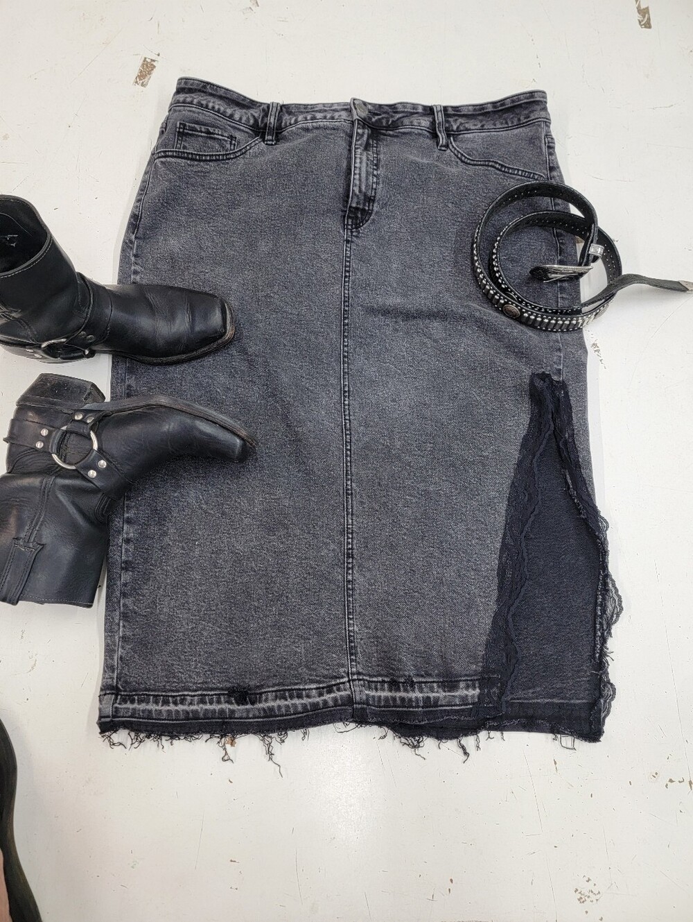 Distressed Jean Skirt With Lace Side Slit - Rockin' Revamp